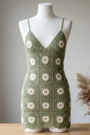 Sage Green Daisy Square Mini Dress Free Crochet Pattern