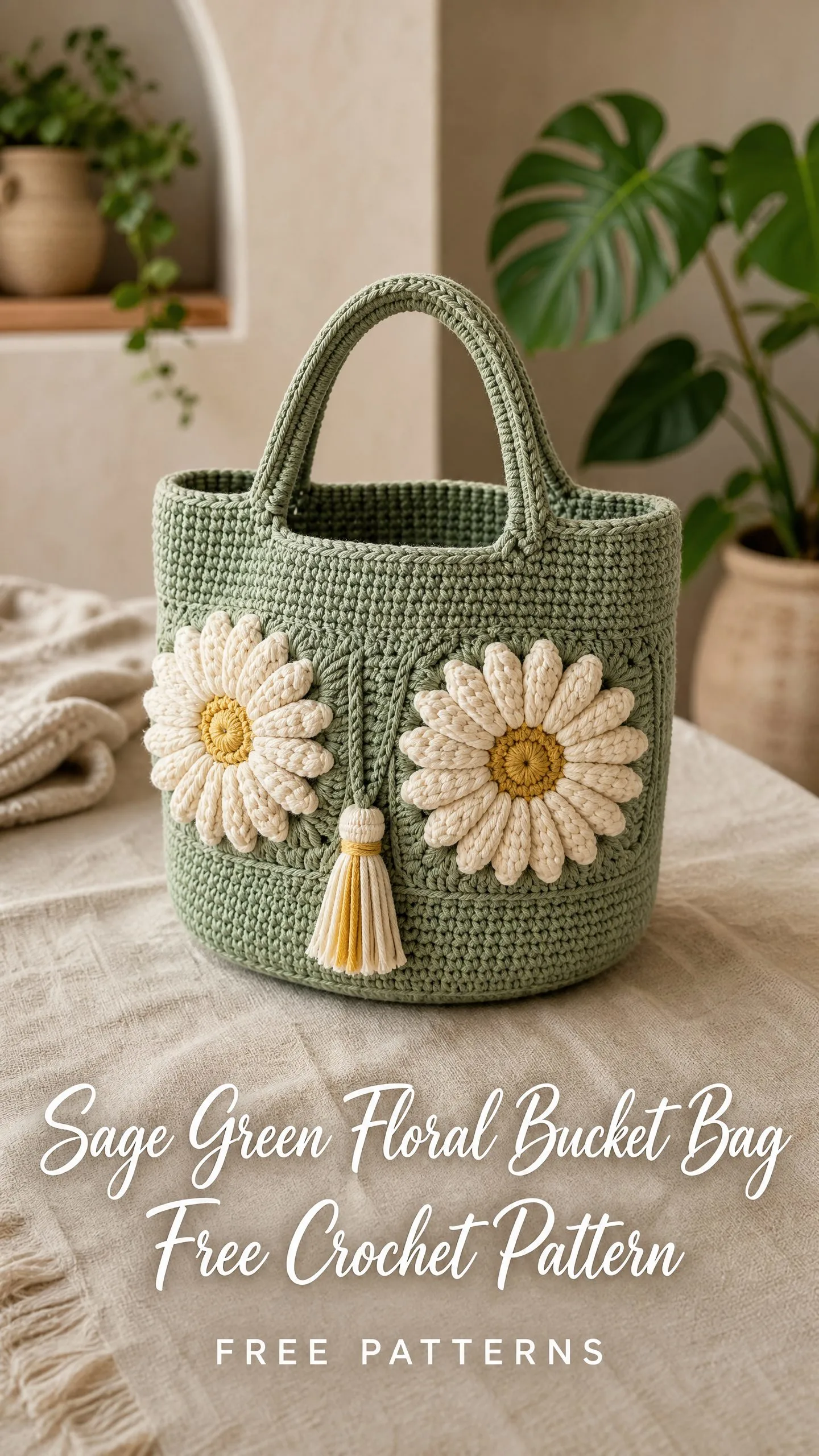 Sage Green Floral Bucket Bag Free Crochet Pattern