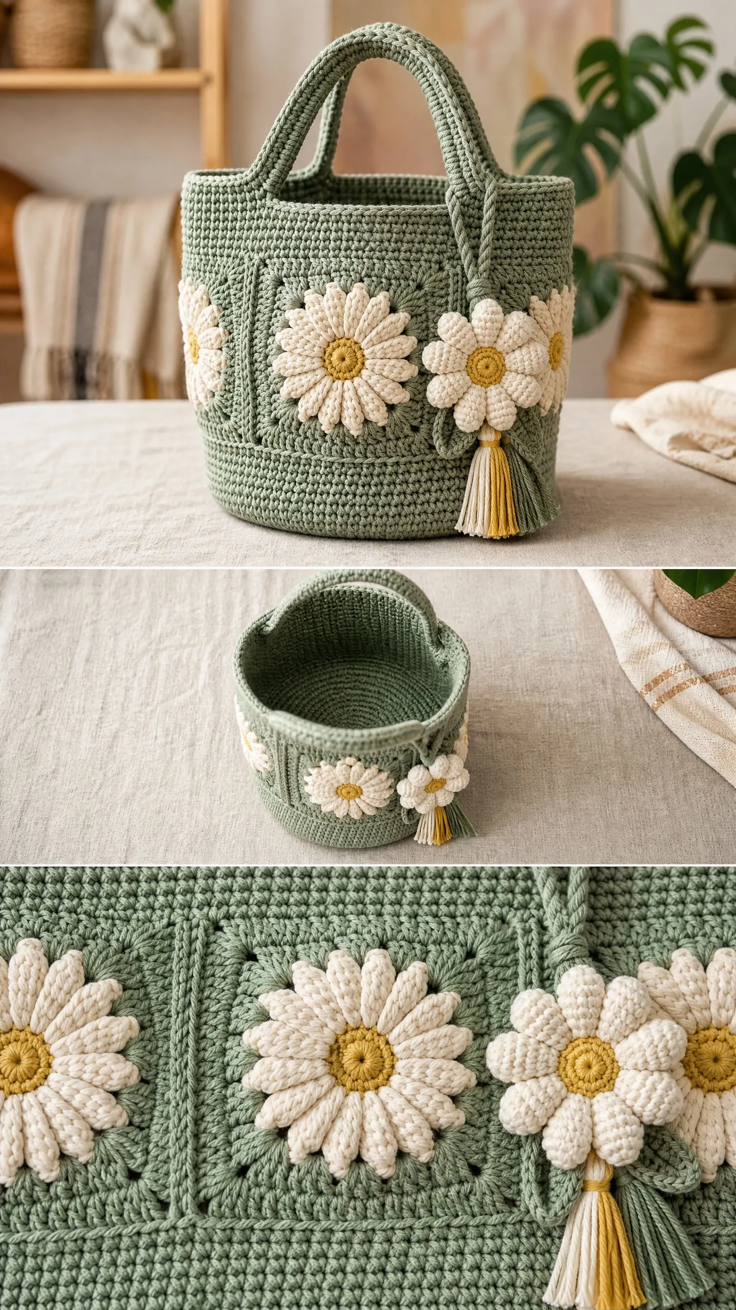 Sage Green Floral Bucket Bag Free Crochet Pattern