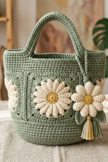 Sage Green Floral Bucket Bag Free Crochet Pattern
