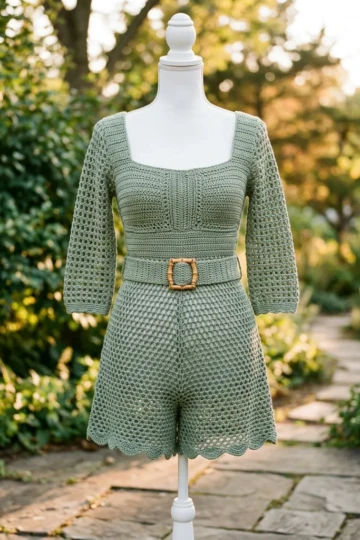 Sage Green Lacy Summer Romper Free Crochet Pattern