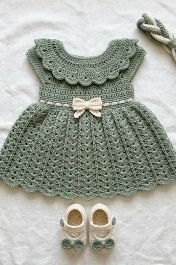 Sage Green Ruffle Baby Dress Set Free Crochet Pattern