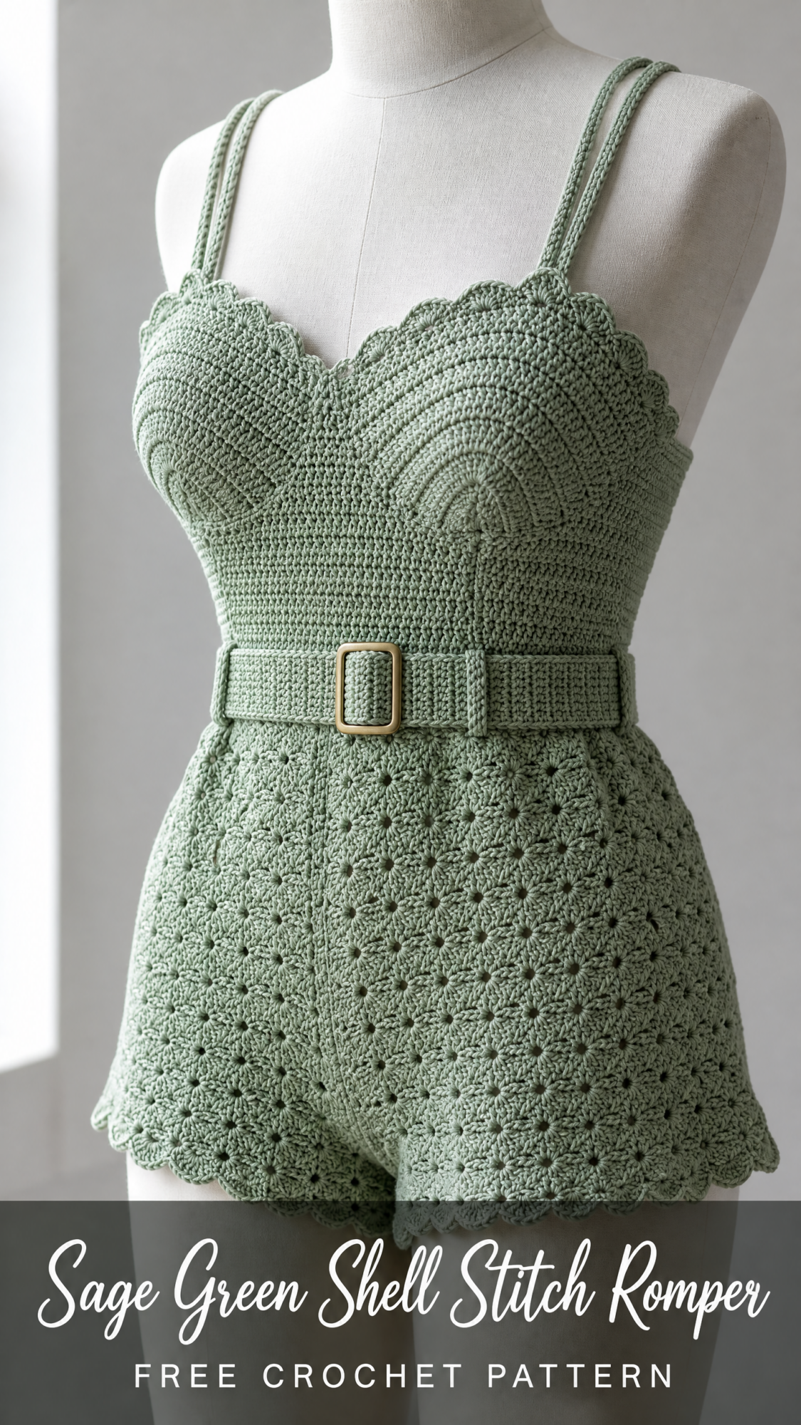 Sage Green Shell Stitch Romper Free Crochet Pattern