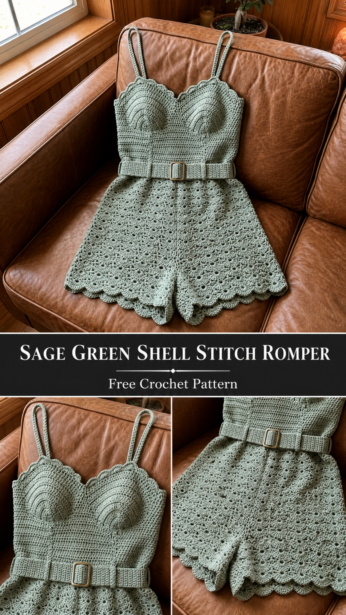 Sage Green Shell Stitch Romper Free Crochet Pattern