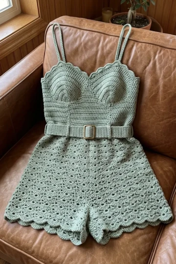 Sage Green Shell Stitch Romper Free Crochet Pattern