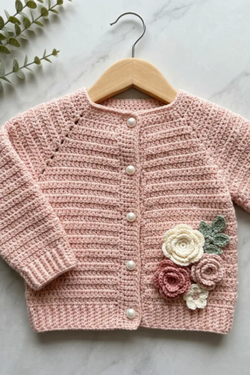 Soft Pink Floral Baby Cardigan Free Crochet Pattern