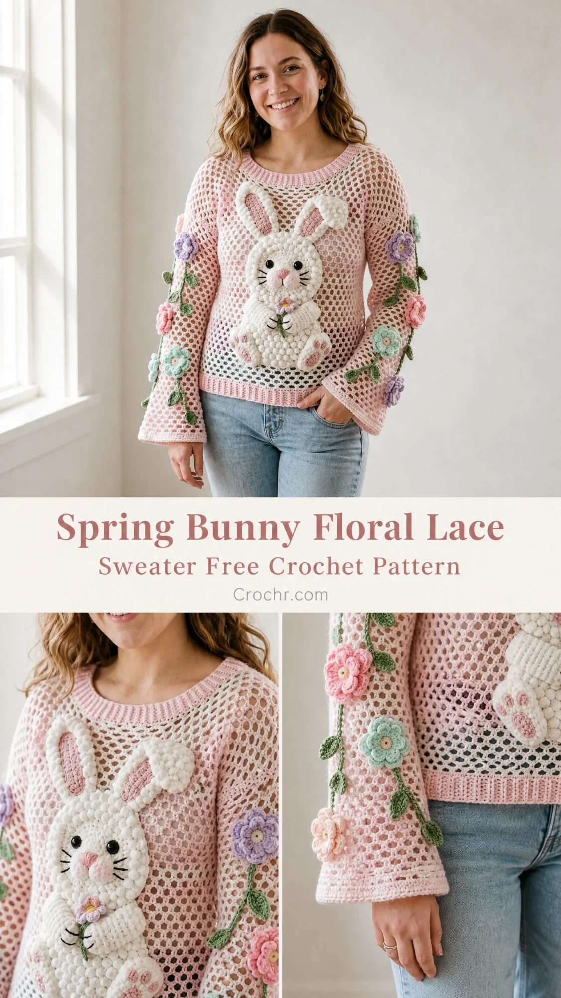 Spring Bunny Floral Lace Sweater Free Crochet Pattern