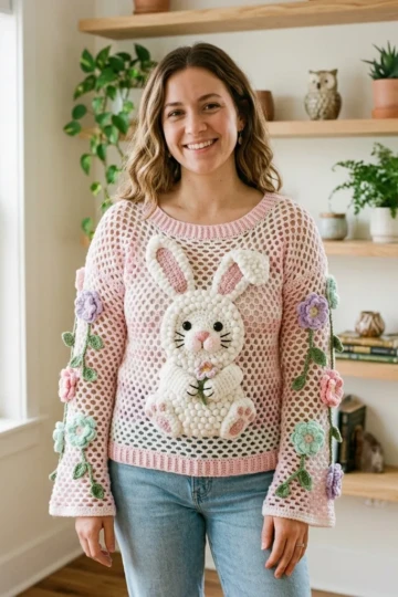 Spring Bunny Floral Lace Sweater Free Crochet Pattern