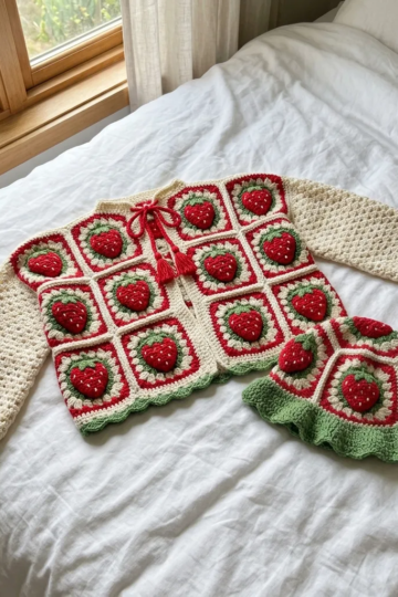 Strawberry Granny Square Cardigan Set Free Crochet Pattern