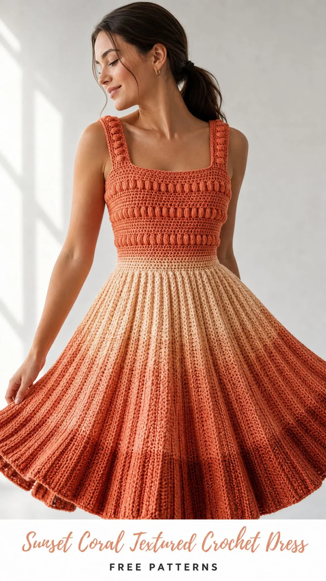 Sunset Coral Textured Crochet Dress Free Pattern