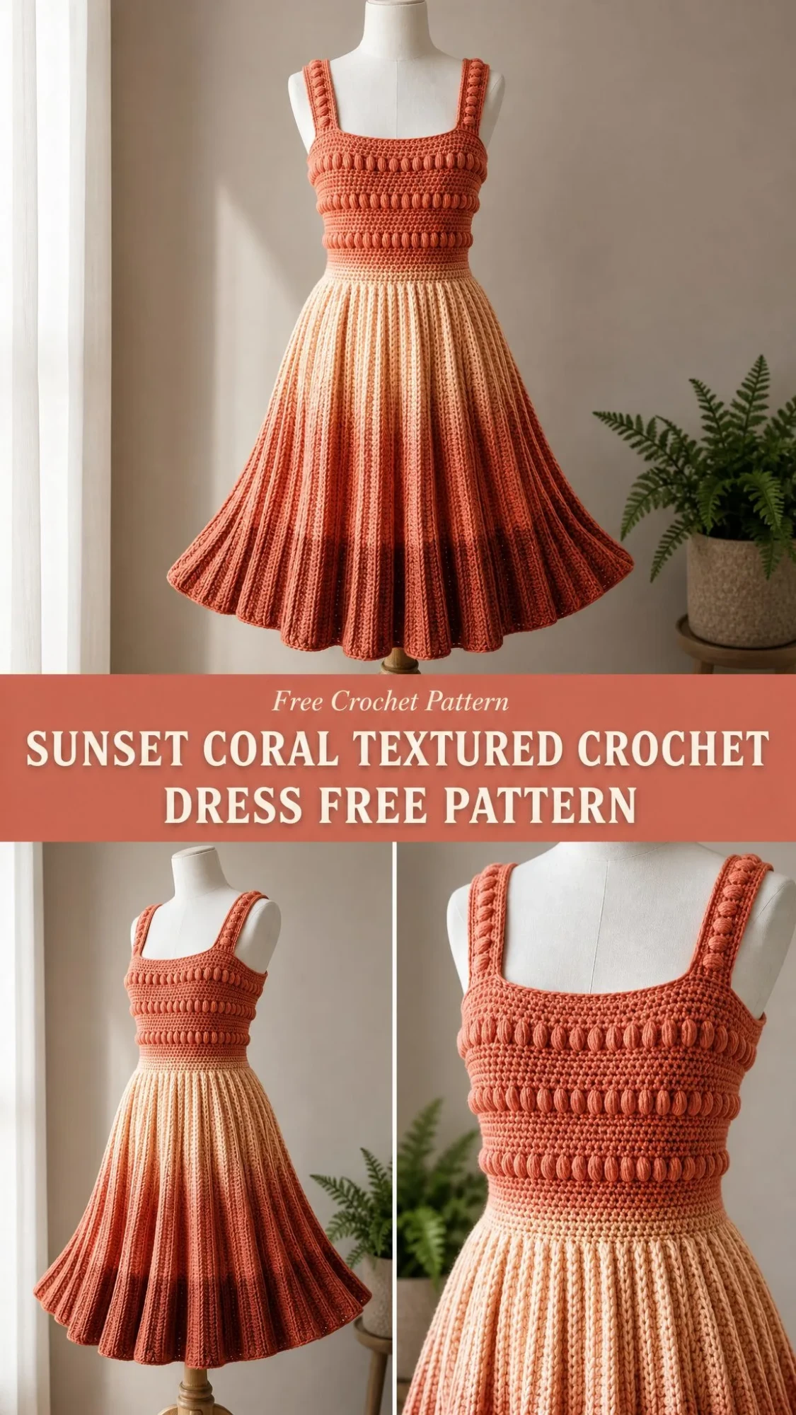 Sunset Coral Textured Crochet Dress Free Pattern