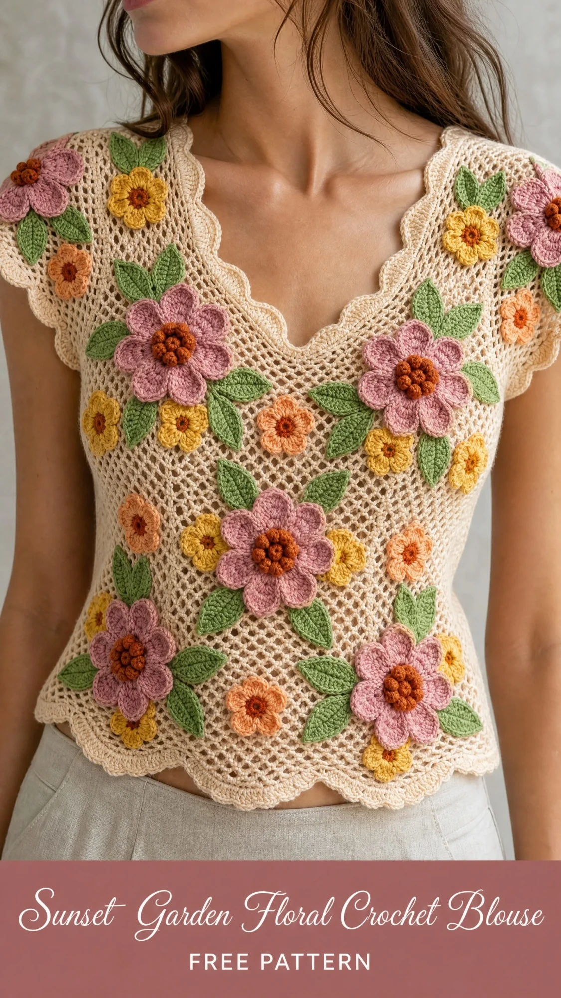 Sunset Garden Floral Crochet Blouse Free Pattern