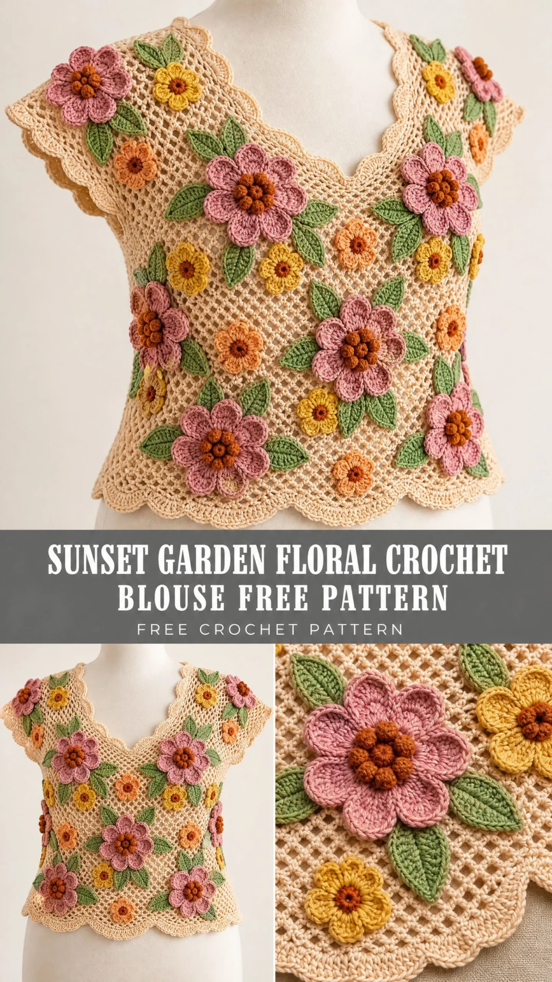 Sunset Garden Floral Crochet Blouse Free Pattern