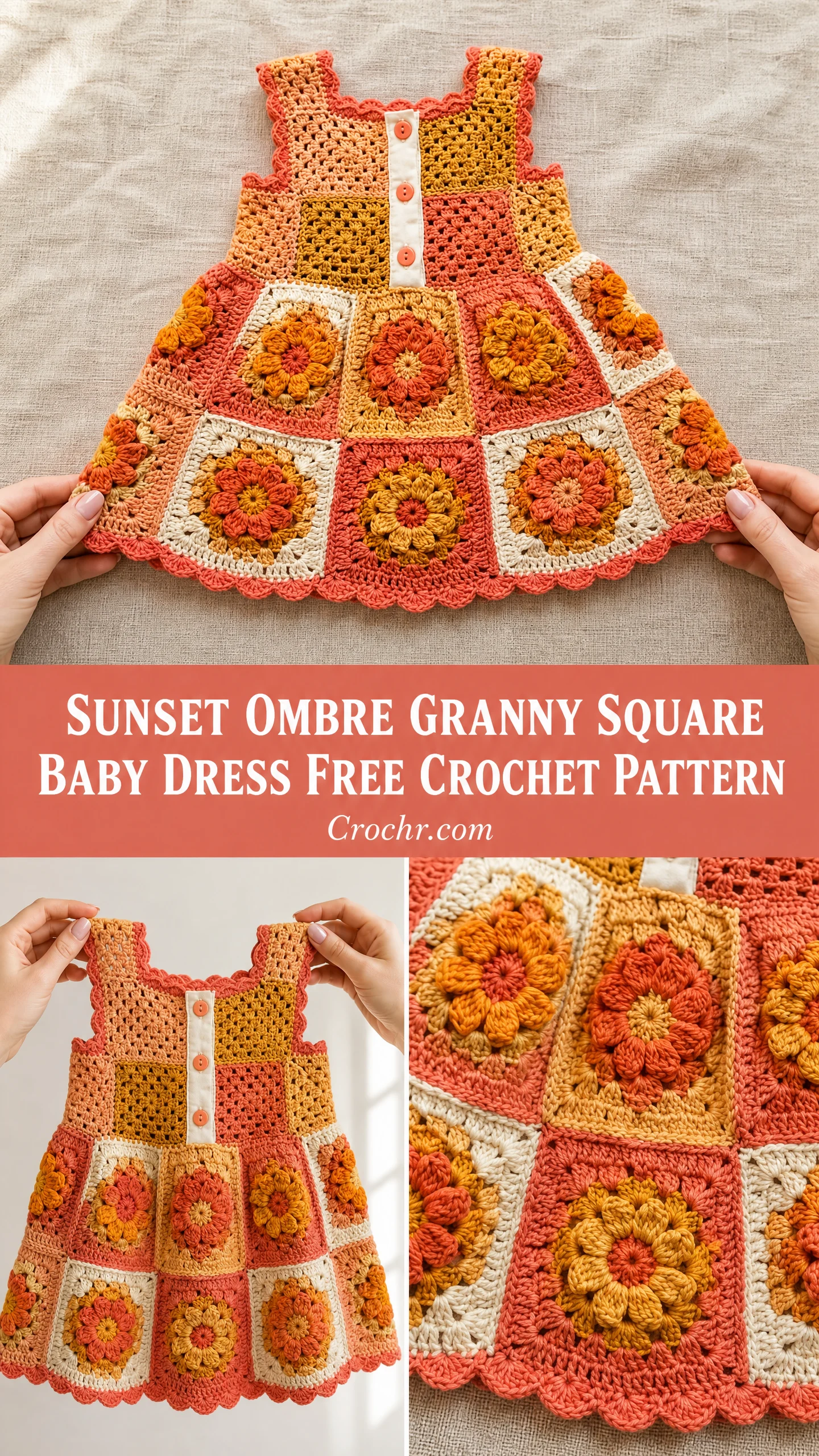 Sunset Ombre Granny Square Baby Dress Free Crochet Pattern
