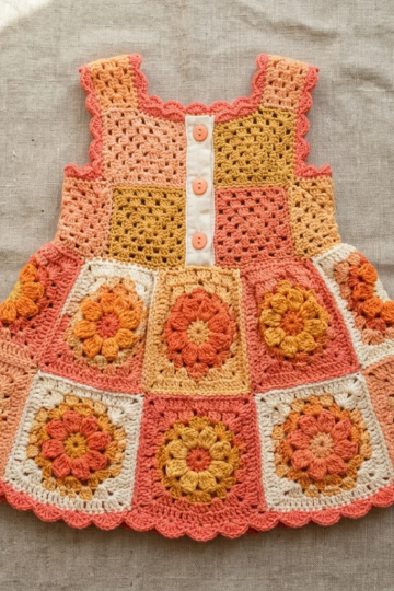Sunset Ombre Granny Square Baby Dress Free Crochet Pattern