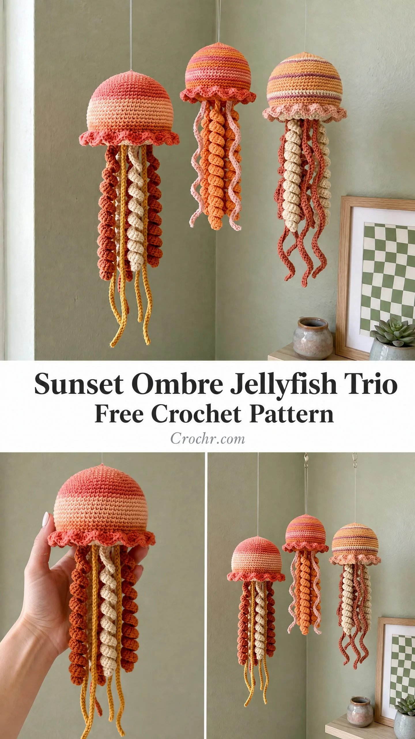Sunset Ombre Jellyfish Trio Free Crochet Pattern