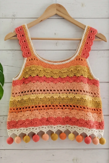 Sunset Ombre Pompom Crochet Tank Free Crochet Pattern