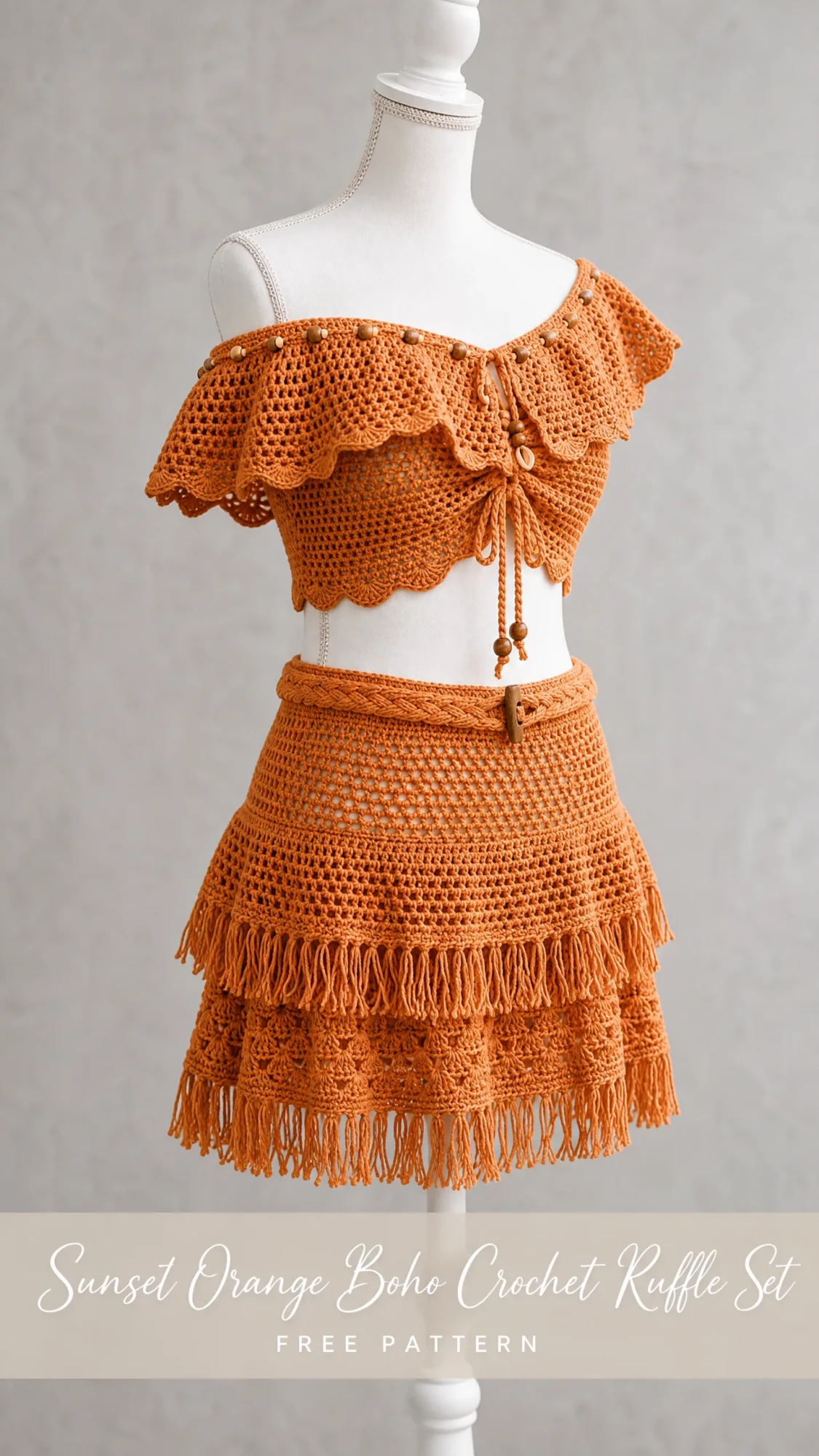 Sunset Orange Boho Crochet Ruffle Set Free Pattern
