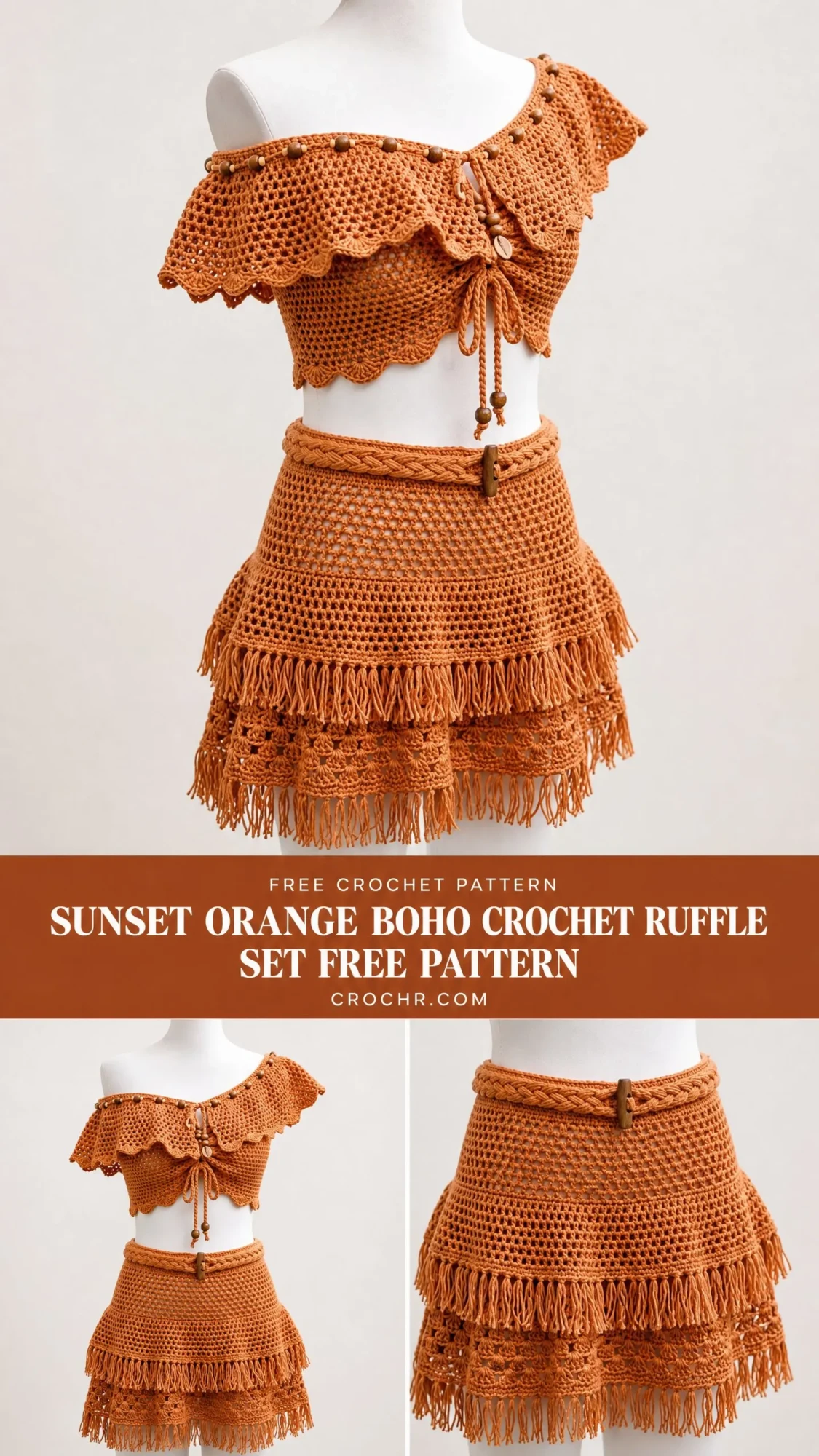 Sunset Orange Boho Crochet Ruffle Set Free Pattern