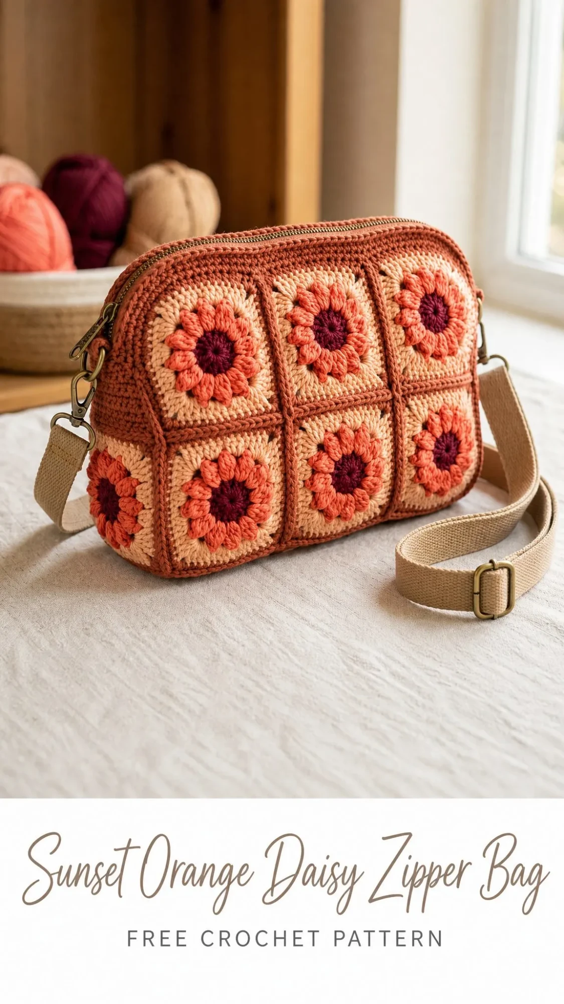 Sunset Orange Daisy Zipper Bag Free Crochet Pattern