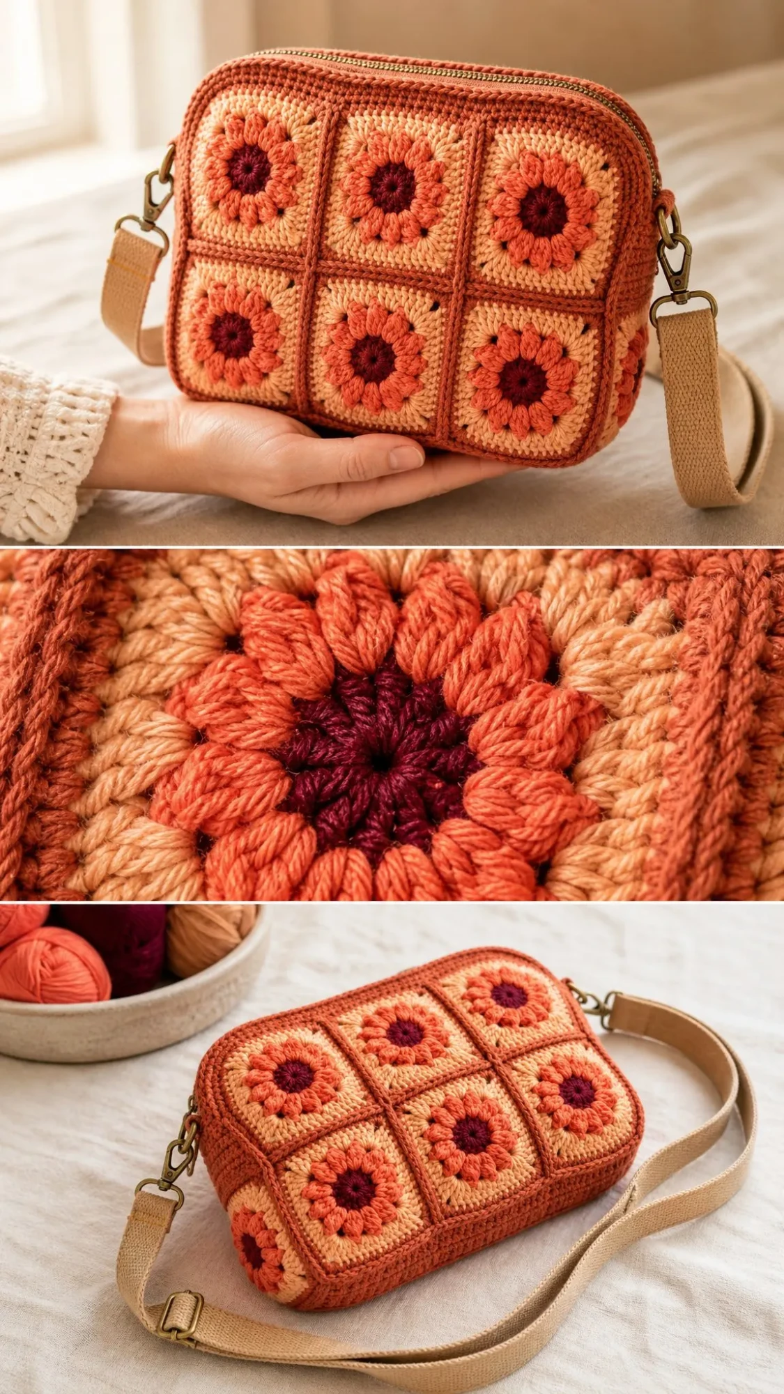 Sunset Orange Daisy Zipper Bag Free Crochet Pattern