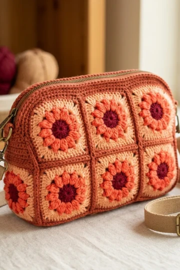 Sunset Orange Daisy Zipper Bag Free Crochet Pattern
