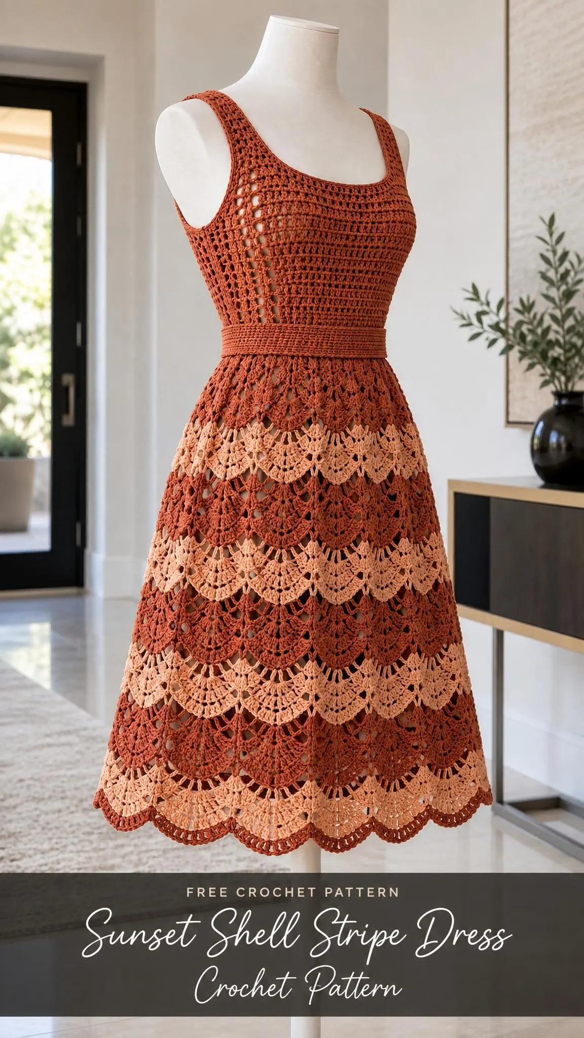 Knee-length crocheted dress featuring alternating sunset-colored stripes and scalloped hem detail