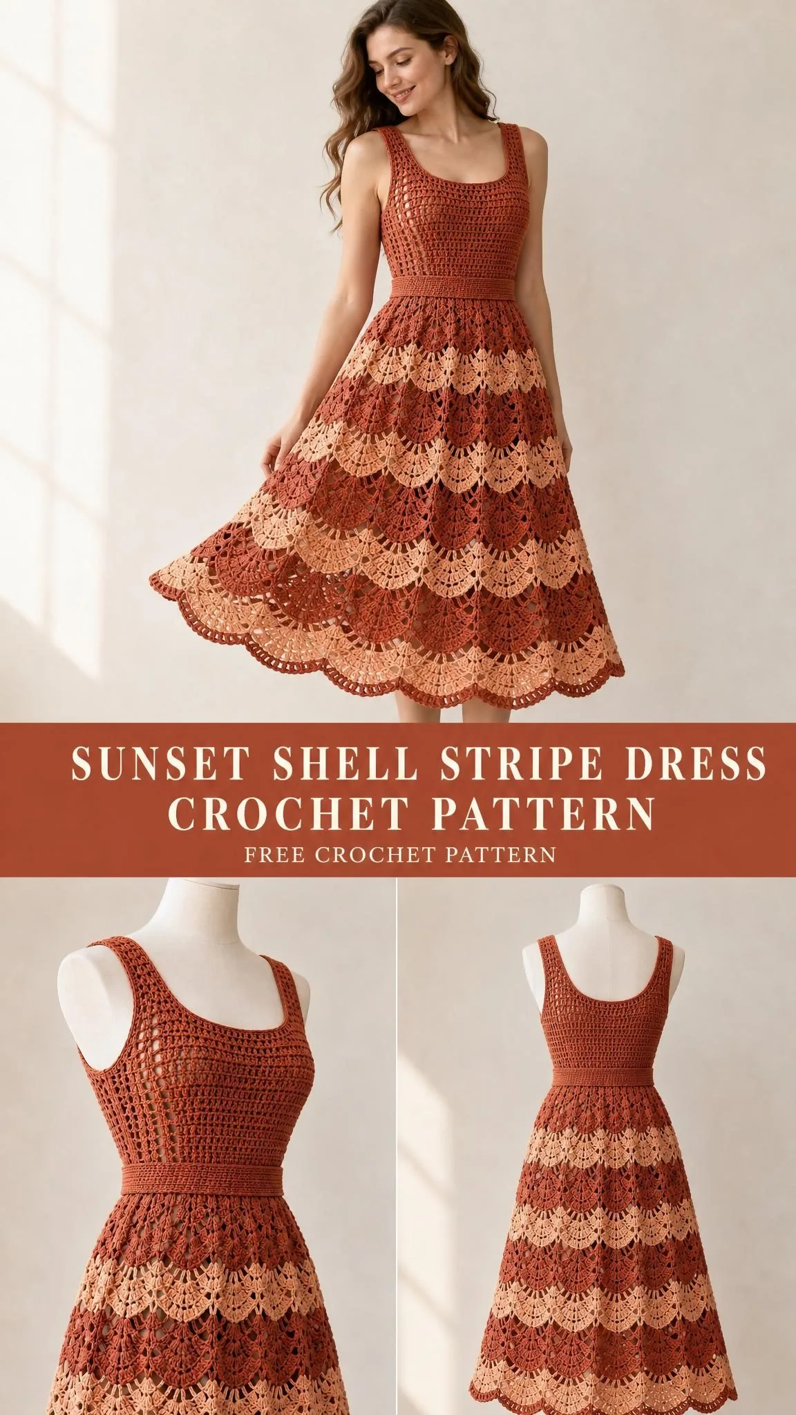 Sleeveless fitted bodice crochet dress with gathered shell stitch skirt in warm terracotta tones