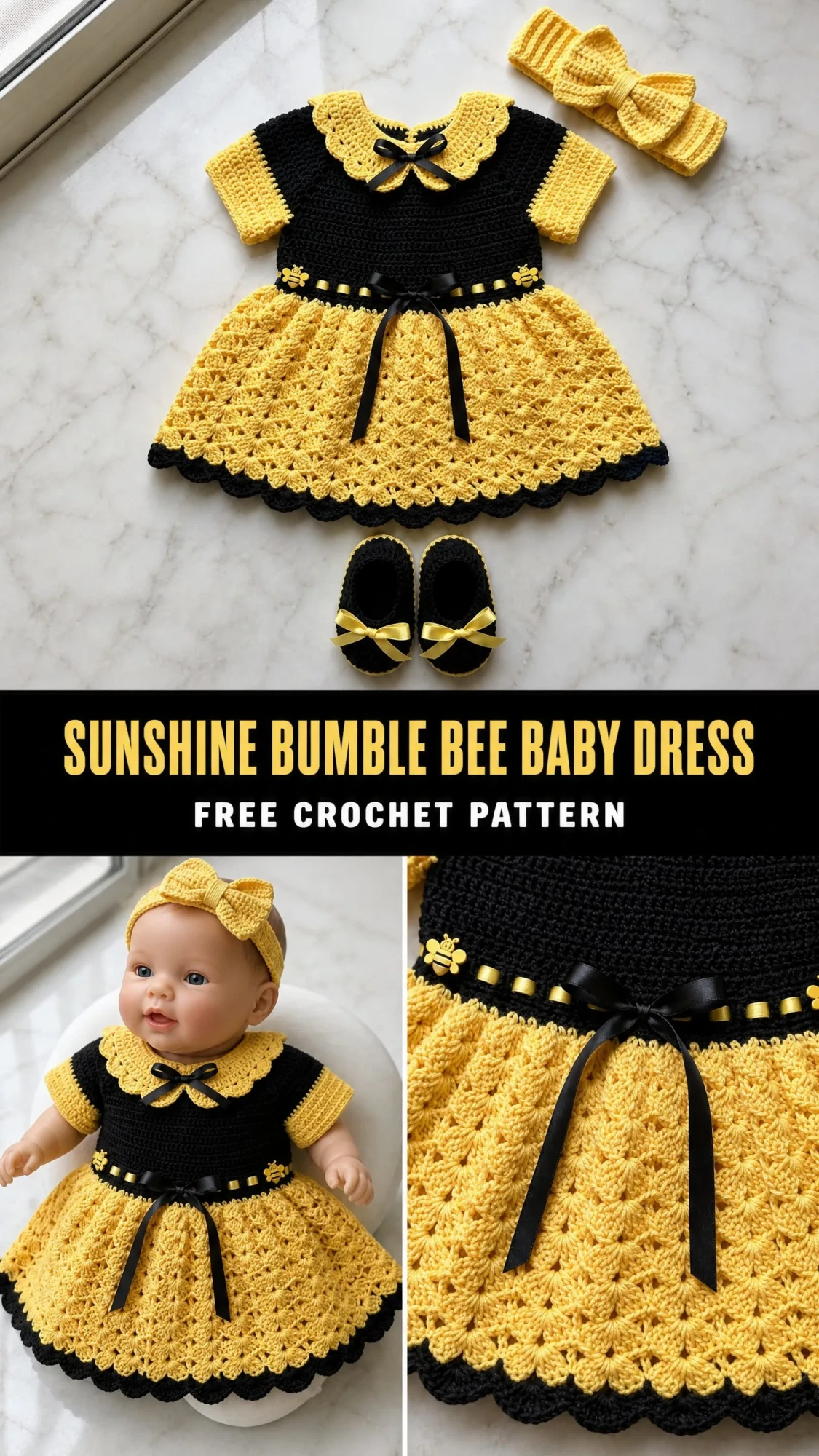 Sunshine Bumble Bee Baby Dress Free Crochet Pattern