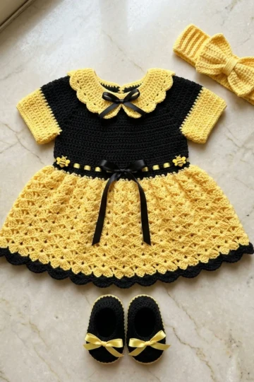 Sunshine Bumble Bee Baby Dress Free Crochet Pattern